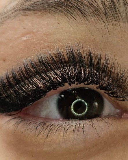 Close-up van een oog met een volle set wimperextensions tot in de buitenhoek